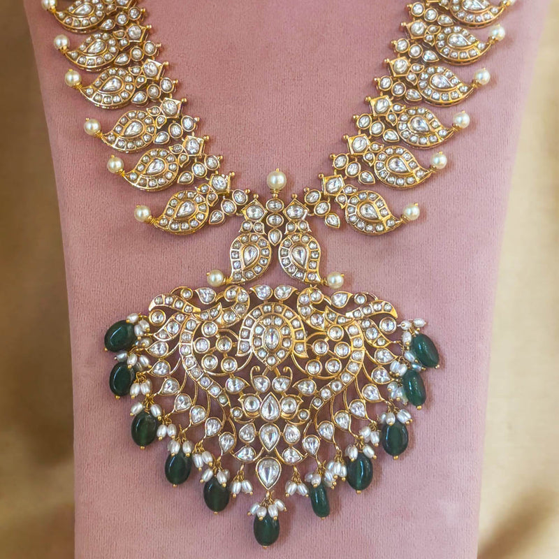 Pure Silver Gold Plated Mango Haram with CZ Stones and Green Drops