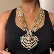 Pure Silver Gold Plated Mango Haram with CZ Stones and Green Drops