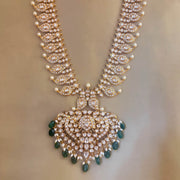 Pure Silver Gold Plated Mango Haram with CZ Stones and Green Drops