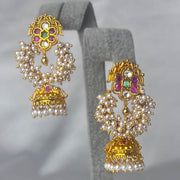 Pure Silver Pearl Cluster Jhumka Earrings with Ruby Emerald CZ