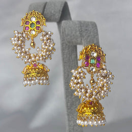 Pure Silver Pearl Cluster Jhumka Earrings with Ruby Emerald CZ