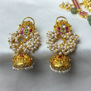 Pure Silver Pearl Cluster Jhumka Earrings with Ruby Emerald CZ