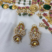 Pure Silver Pearl Cluster Jhumka Earrings with Ruby Emerald CZ