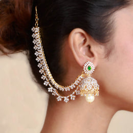 Regal CZ Diamond Jhumka Earrings with Emerald Center and Pearl Drops