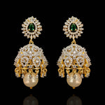Regal CZ Diamond Jhumka Earrings with Emerald Center and Pearl Drops