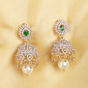 Regal CZ Diamond Jhumka Earrings with Emerald Center and Pearl Drops