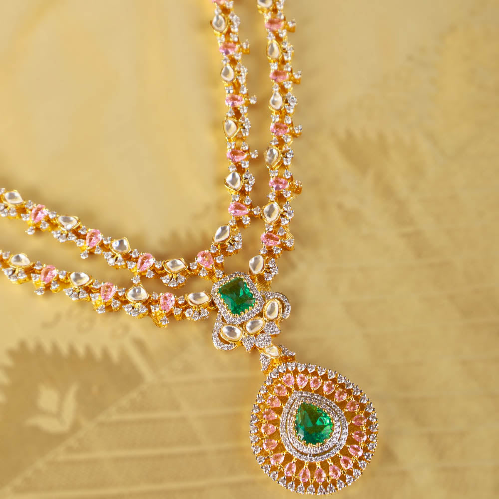 Royal Emerald and Polki Look Triple Layer Bridal Necklace in 92.5 Silver with Gold Plating