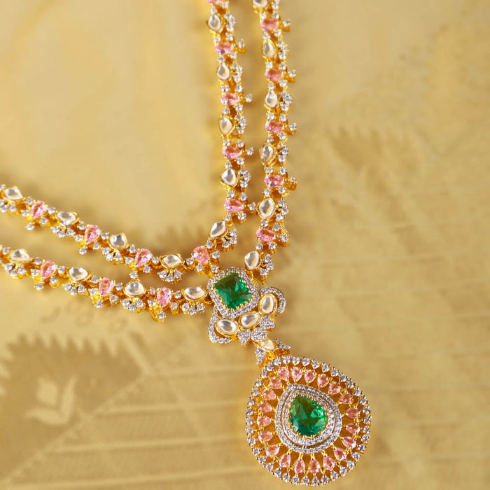 Royal Emerald and Polki Look Triple Layer Bridal Necklace in 92.5 Silver with Gold Plating