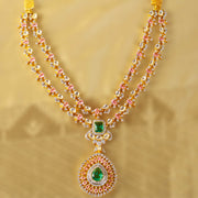 Royal Emerald and Polki Look Triple Layer Bridal Necklace in 92.5 Silver with Gold Plating