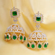 Regal Emerald Dome Jhumka Earrings with CZ Diamonds