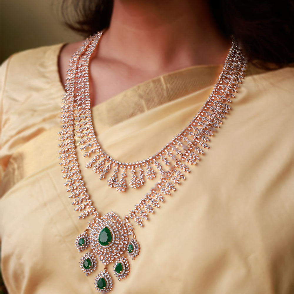 Gold Polish Green Emerald CZ Diamond Haram Necklace + Earrings
