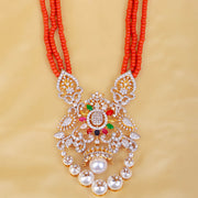 Regal Multi-Stone CZ Diamond Pendant Necklace with Pearls & Coral Beads – 18K Gold Plated Bridal Statement Jewelry