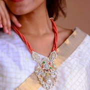 Regal Multi-Stone CZ Diamond Pendant Necklace with Pearls & Coral Beads – 18K Gold Plated Bridal Statement Jewelry