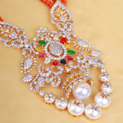 Regal Multi-Stone CZ Diamond Pendant Necklace with Pearls & Coral Beads – 18K Gold Plated Bridal Statement Jewelry