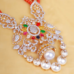 Regal Multi-Stone CZ Diamond Pendant Necklace with Pearls & Coral Beads – 18K Gold Plated Bridal Statement Jewelry