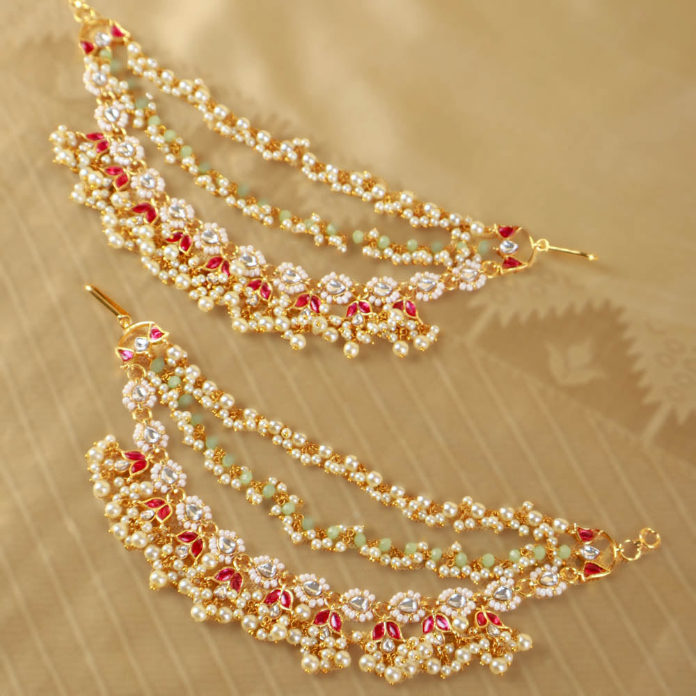 Regal Pearl & Polki Kundan Bridal Ear Chains with Ruby Accents