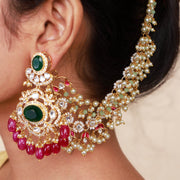 Regal Pearl & Polki Kundan Bridal Ear Chains with Ruby Accents