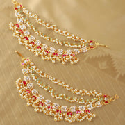 Regal Pearl & Polki Kundan Bridal Ear Chains with Ruby Accents