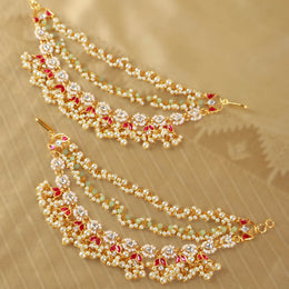 Regal Pearl & Polki Kundan Bridal Ear Chains with Ruby Accents