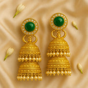 Regal Triple Dome Jhumkas with Pearls & Emerald Stud – Antique Gold Finish in Pure Silver