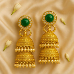 Regal Triple Dome Jhumkas with Pearls & Emerald Stud – Antique Gold Finish in Pure Silver