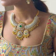 Regal Emerald Diamond Look Temple Necklace with Gold Polish