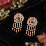 Royal Blue Stone Round CZ Tassel Earrings in Rose Gold Finish