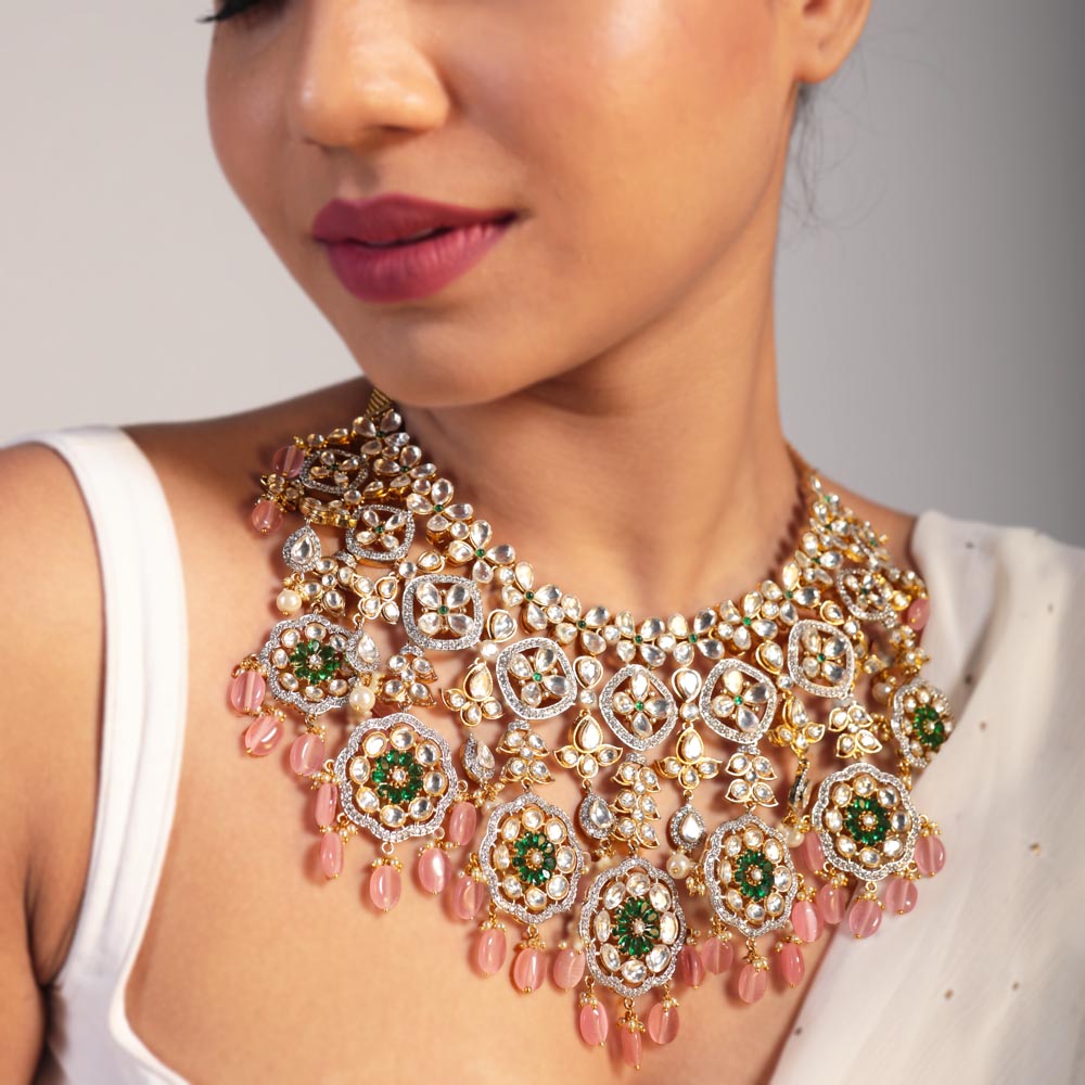Polki Necklace with Rose Quartz
