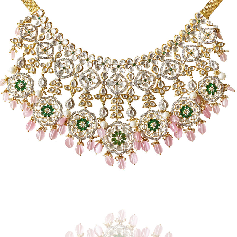 Polki Necklace with Rose Quartz Hanging