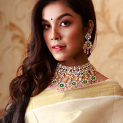 Rose Petal Radiance - Polki Necklace Set with Rose Quartz Hanging