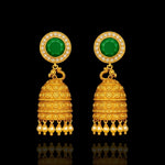Royal Emerald Dome Jhumkas with Pearl Drops - Antique Gold Finish in Pure Silver