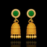 Royal Emerald Dome Jhumkas with Pearl Drops - Antique Gold Finish in Pure Silver