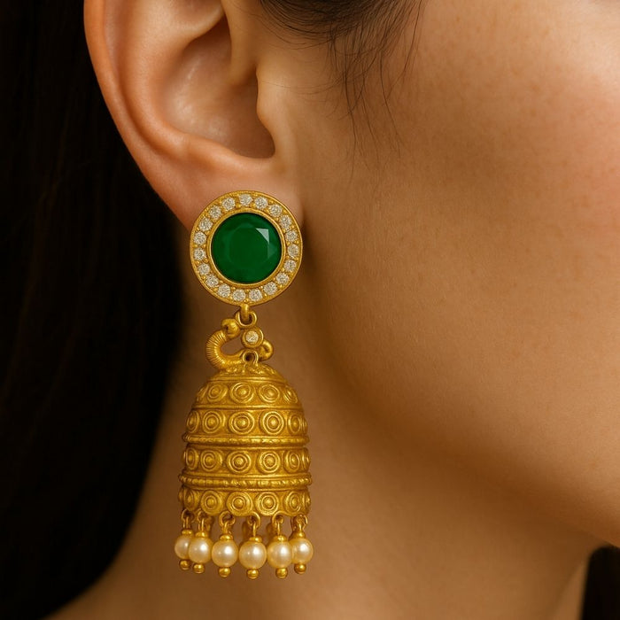 Royal Emerald Dome Jhumkas with Pearl Drops - Antique Gold Finish in Pure Silver