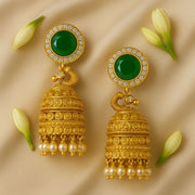 Royal Emerald Dome Jhumkas with Pearl Drops - Antique Gold Finish in Pure Silver