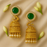 18K Gold Polished Lakshmi Temple Motif Pendant Necklace + Earrings with Pearl Drops