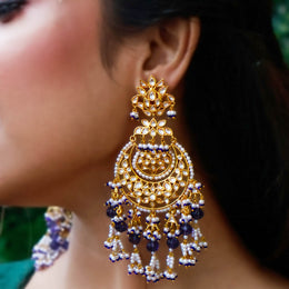 Royal Midnight Blue Polki Chandbali Earrings with Pearl and Bead Detailing