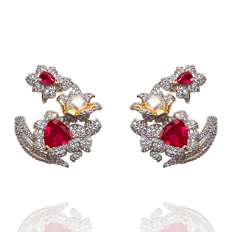 Ruby Blooms - The Enchanting Pearl Tulip Earrings Model