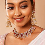 Ruby CZ Diamond Look Short Necklace in Gold Polish - Bridal Jewellery