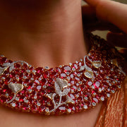 Ruby Red CZ Floral Statement Necklace - Sterling Silver Jewelry