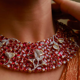 Ruby Red CZ Floral Statement Necklace - Sterling Silver Jewelry