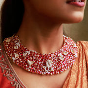 Ruby Red CZ Floral Statement Necklace - Sterling Silver Jewelry