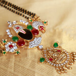 Sacred Balaji Pendant Mangalsutra with Black Beads and Ruby Emerald CZ Accents