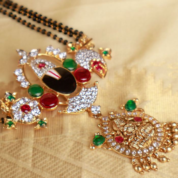Sacred Balaji Pendant Mangalsutra with Black Beads and Ruby Emerald CZ Accents