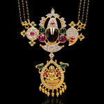 Sacred Balaji Pendant Mangalsutra with Black Beads and Ruby Emerald CZ Accents