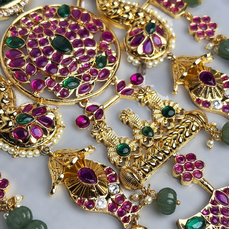 South Temple Polki Ruby Emerald Bridal Necklace in Gold Plated Silver