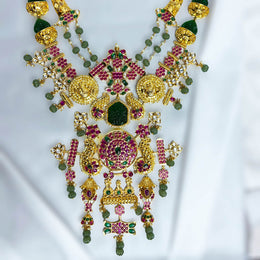 South Temple Polki Ruby Emerald Bridal Necklace in Gold Plated Silver