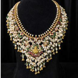 Floral Guttapusalu Necklace with Delicate Rice Pearls
