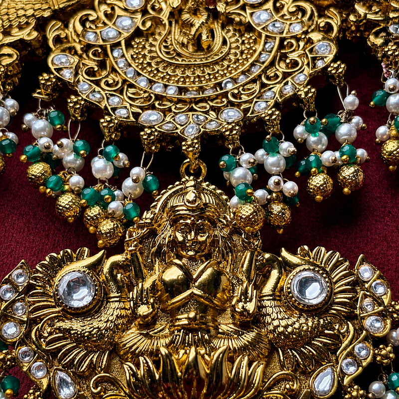 South Indian Temple Lakshmi Peacock Bridal Necklace in Pure Silver