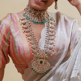 South Indian Temple Necklace with CZ Pearls and Emerald Drops for Brides