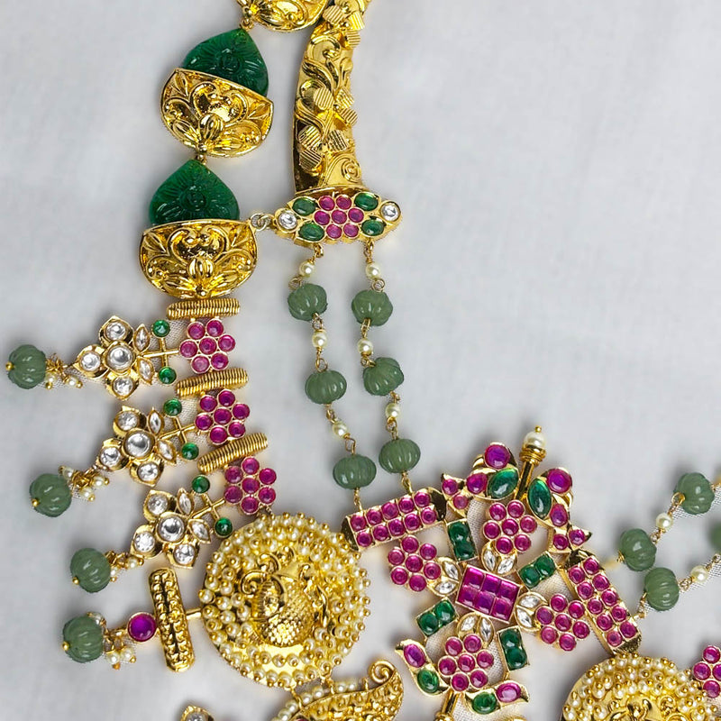 South Temple Polki Ruby Emerald Bridal Necklace in Gold Plated Silver
